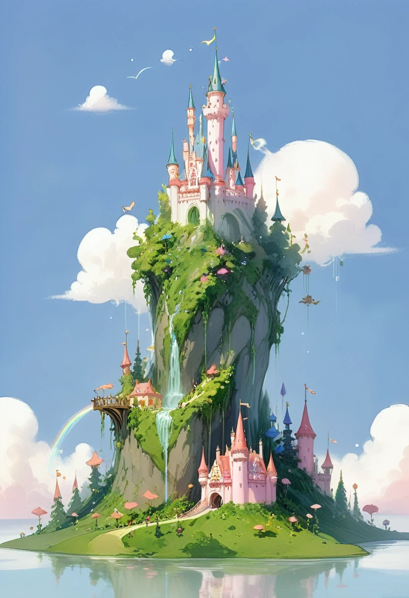 A whimsical fairy tale castle perched on a cloud, with pastel-colored turrets, cascading waterfalls, and magical creatures flying around it.