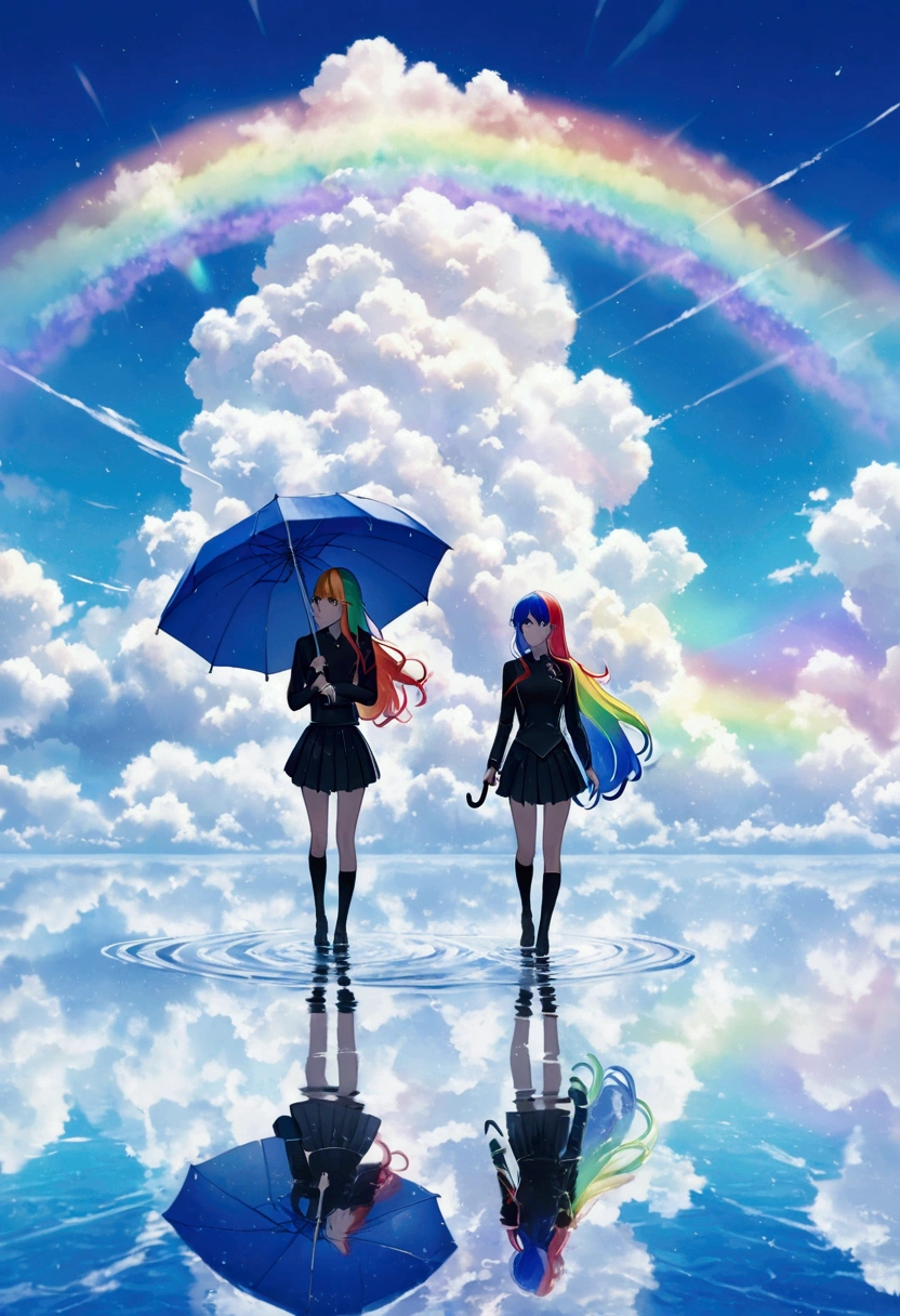 A woman holding an umbrella,Holding an umbrella with both hands, rainbow-colored hair,Long Hair,Black Uniform,mini skirt　A rainbow appears,noon,It rains,Reflection on the water horizon, standing on liquid 　Catch the wind