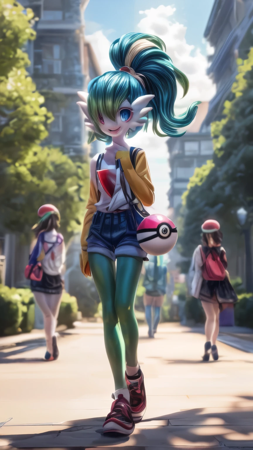 (best quality,4k,8k,highres,masterpiece:1.2),ultra-detailed, Gardevoir as a College Girl walking around college campus, strutting her stuff, Smiling and laughing, Flirting with the viewer, Pokémon, Pokémon (game), game freak, nintendo, (porcelain skin), blue eyes, (hair green), (messy hair in a ponytail), Pokeball purse, HDR, 8k, absurdres, cinestill 800, sharp focus, add_detail:3 (solo woman) Tenchan