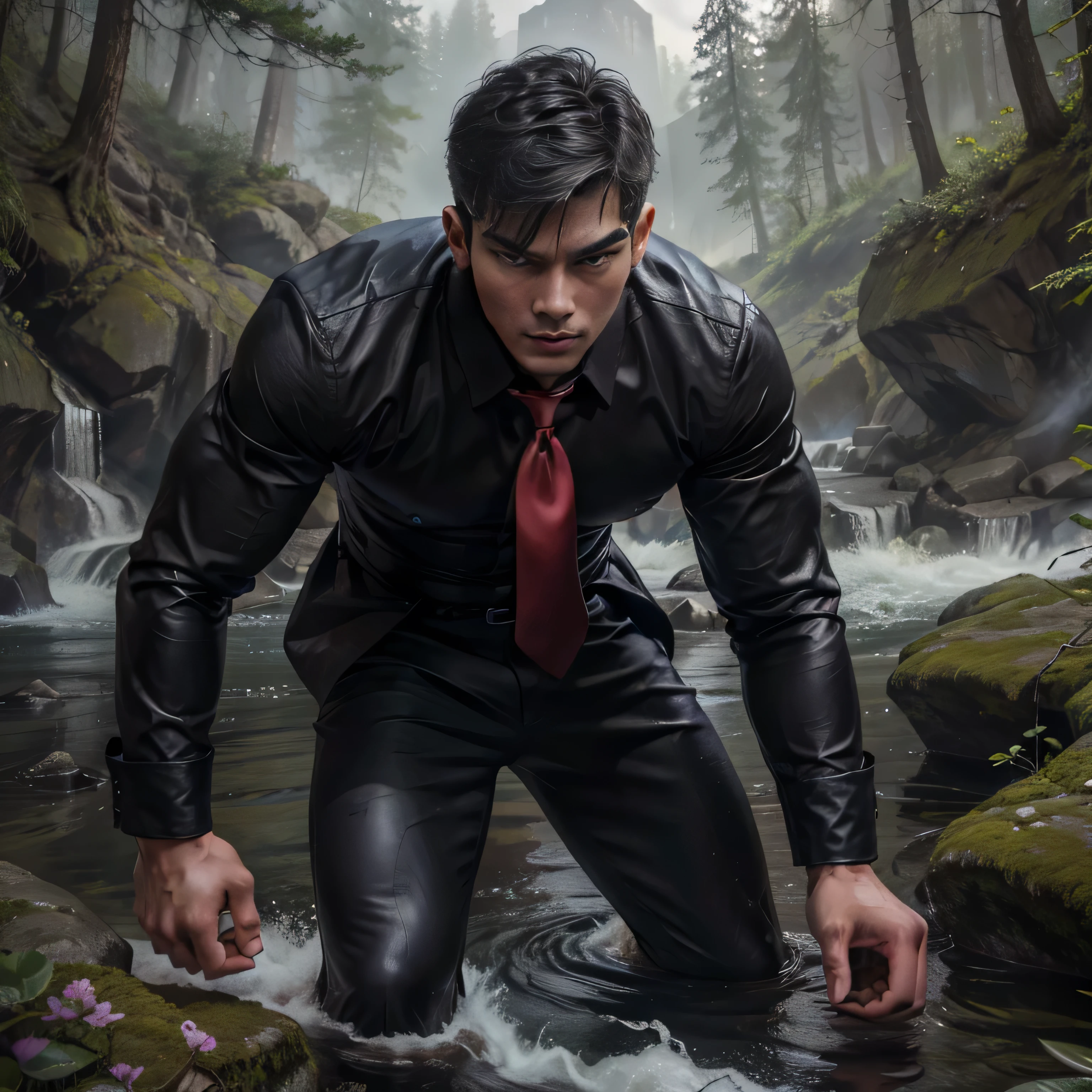 3,One Man,Tall handsome man、Black Shirt、Red tie、Black gloves、Forest、Knocked down in the river with legs spread、 ,Black Hair、Very short hair、Asian Face　　　Menacing look　Close-up of face　View from the front