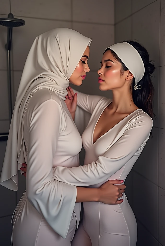 beautiful horny hijab indonesian lesbian girl,mom and teen,in bathroom,naked,shower together,wet,soapy,cunnilingus,looking to camera,threesome