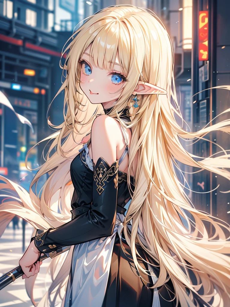 masterpiece, best quality, 1girl, ultra detailed, ultra highres, well-definded facial features, anatomically correct, cute girl, long pointy ears, elf, nice face,blonde hair, blue eyes,looking at viewer, from side, tongue out, V-sign