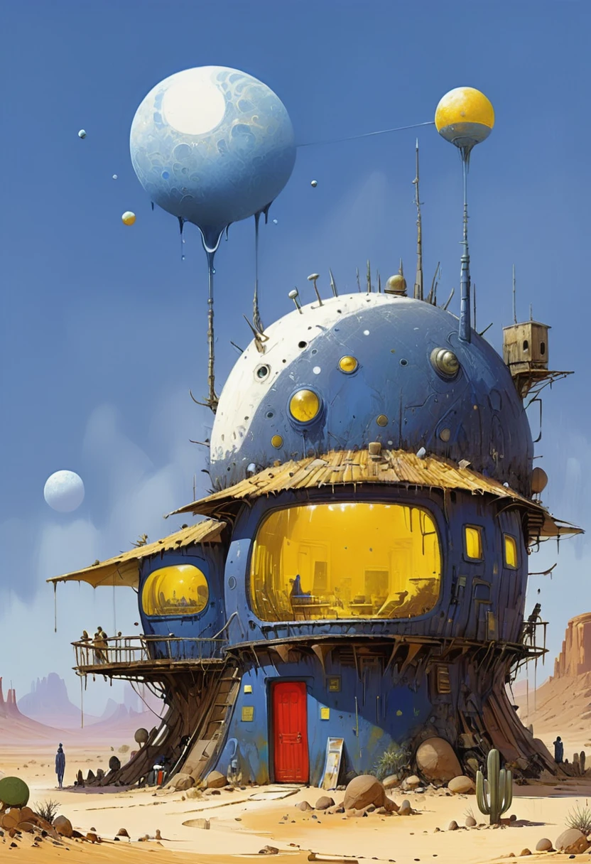 blue, white and yellow color, blue color tone, Background is stunning alien desert, desert village scenery, desert planet, new planet, alien settlement, alien world detailed and intricate environment, oil painting, palette knife soft brushstrokes, heavy strokes, dripping paint, art station on trend, sharp focus, intricate details, highly detailed ,art by enki bilal, art by philippe druillet, art by moebius, inspired by french comics art ,art by Jakub Rozalski, 1920+ Poland