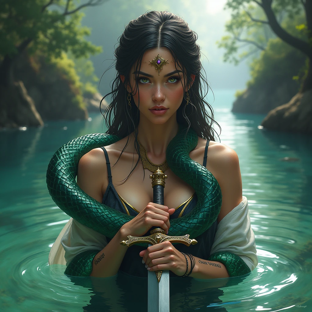 lady of the lake, a fey woman partially submerged, arms outstretched (((holding Excaliber sword horizontaly))), water dripping off of clothes, flowing gossamer clothing, enchanting,artstation,smooth, sharp focus,art by ross tran and greg rutkowski and alphonse Mucha and Bak Karol, (digital painting:1.16), soft lighting, CGSociety,ArtStation,(__Hyperrealism:1.3),(__Photorealism:1.3),(Land Art:1.3),(CMYK Colors:0.5),naturalism,land Art,regionalism,shutterstock contest winner,trending on unsplash,featured on Flickr