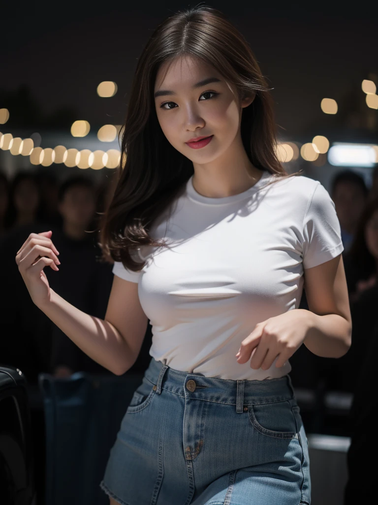 1girl, solo, standing, outdoors, Night view, Metropolitan city scenery at the background, (ultra wide angle shot: 1.4), beautiful scenery, detailed face, little smile, detailed eyes, thick breasts, smooth detailed skin, tight white shirt, grey blue short skirt, looking at the audience, low angle shot,(8k, RAW photo, best quality, masterpiece: 1.2), (realistic, realistic: 1.37), ultra-high resolution