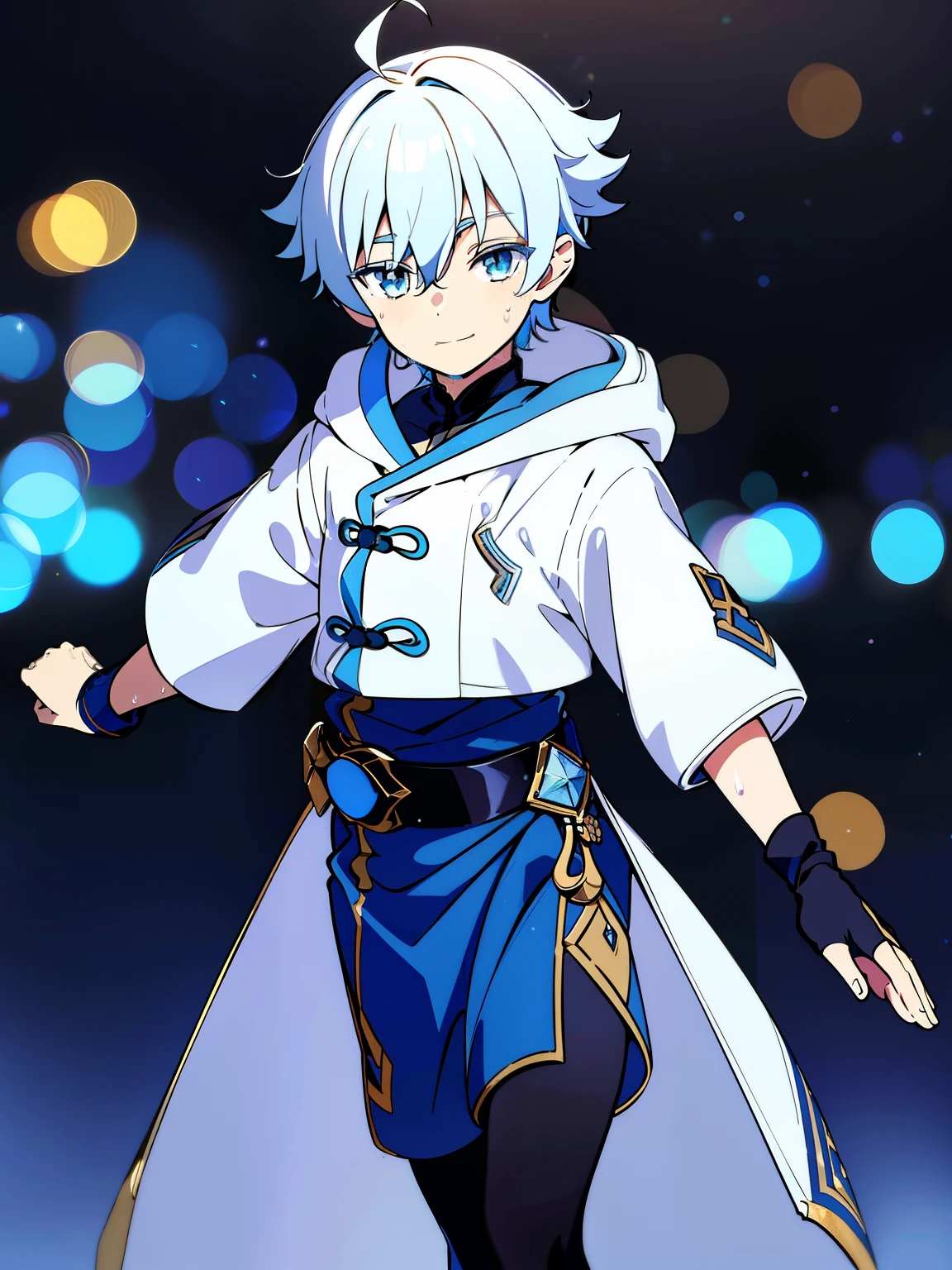 Highres, Masterpiece, Best quality at best,Best Quality,hight quality, hight detailed, Anime style, 1boy, Shota, young boy,14-years-old, blue_eyes, white hair, short,huge ahoge, hair between eyes, winter coat, fur-trimmed collar, fur-trimmed coat, long sleeves, gloves, black leggings, light smile, closed mouth, (very young boy), (very small and short body), Simple beckground, cute boy, Uhd, bokeh, sweat