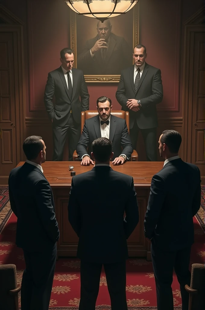 {A vintage photograph capturing a secretive atmosphere. The primary subject is a mysterious warfare advisor, garbed in a black leather coat. His face is obscured by shadows, adding to the sense of enigma. He is in a clandestine meeting with an Argentinean dictator and his advisors. The scene takes place in a dimly lit meeting room, reflecting the hushed tones and covert nature of the discussion. The photograph dates back to the 1950s and was taken in secrecy}, Black and White Image, 35mm Lens, Medium Shot, {Render: Quantum wavetracing, Lighting: Low key, nostalgic lighting, Resolution: 4K, Detailed, Image type: Professional vintage photograph}