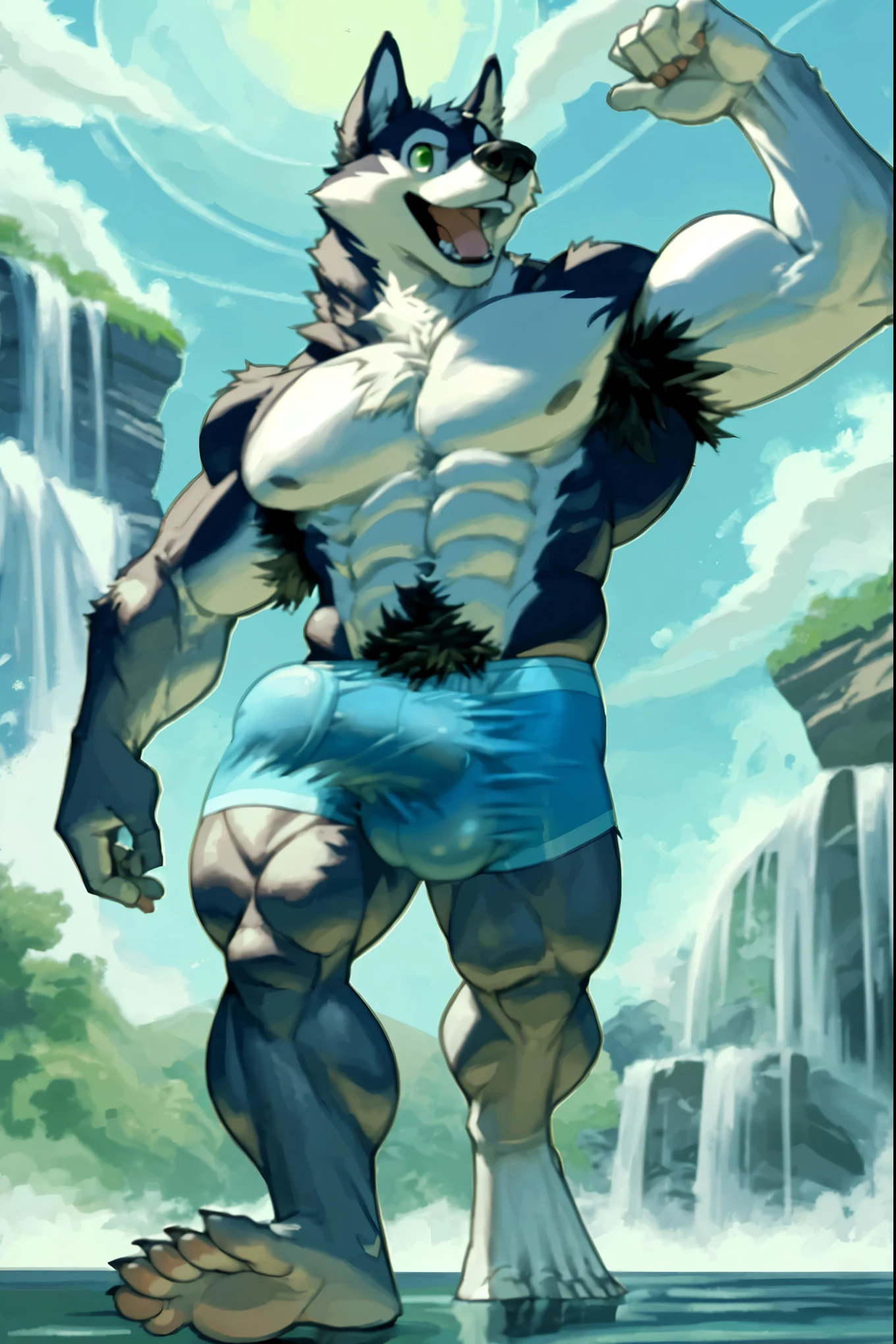 Male Siberian Husky、Completely naked、Outline of a very large penis、Huge penis sideways、Huge glans、Huge scrotum silhouette、very large testicles、very large amount of axillary hair,、Very large amount of pubic hair、Blue boxer briefs、Very large crotch bulge、Great smile、Waterfall Background、Valley、One hand raised pose、very developed muscles of the whole body,、Very beautiful abs、Slender body、Very high quality green eyes、Sharp toenails,、Composition looking up from below、White, shiny teeth、Wide open mouth、Bushy tail、