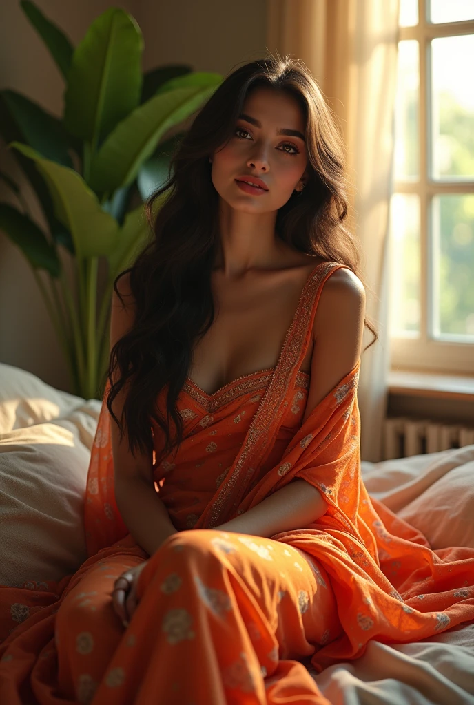 (photorealism:1.2), beautiful woman, sitting on bed, wearing saree ,big boobs,boobs size 35cm ,green eye lens,sexy pose, long curly hair, boobs front, body colour tone white