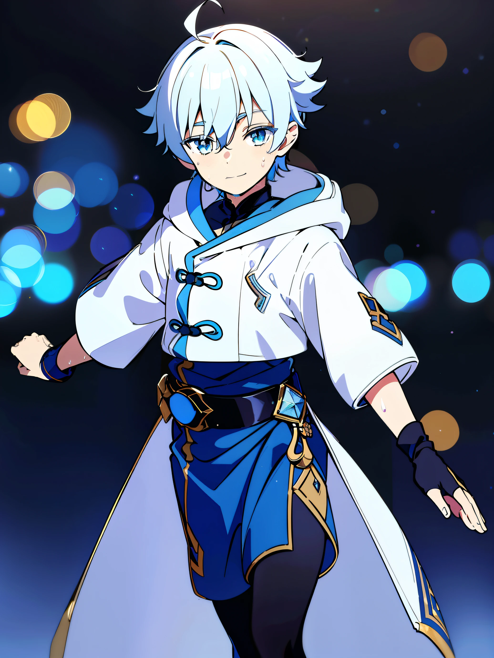 Highres, Masterpiece, Best quality at best,Best Quality,hight quality, hight detailed, Anime style, 1boy, Shota, young boy,14-years-old, blue_eyes, white hair, short,huge ahoge, hair between eyes, winter coat, fur-trimmed collar, fur-trimmed coat, long sleeves, gloves, black leggings, light smile, closed mouth, (very young boy), (very small and short body), Simple beckground, cute boy, Uhd, bokeh, sweat