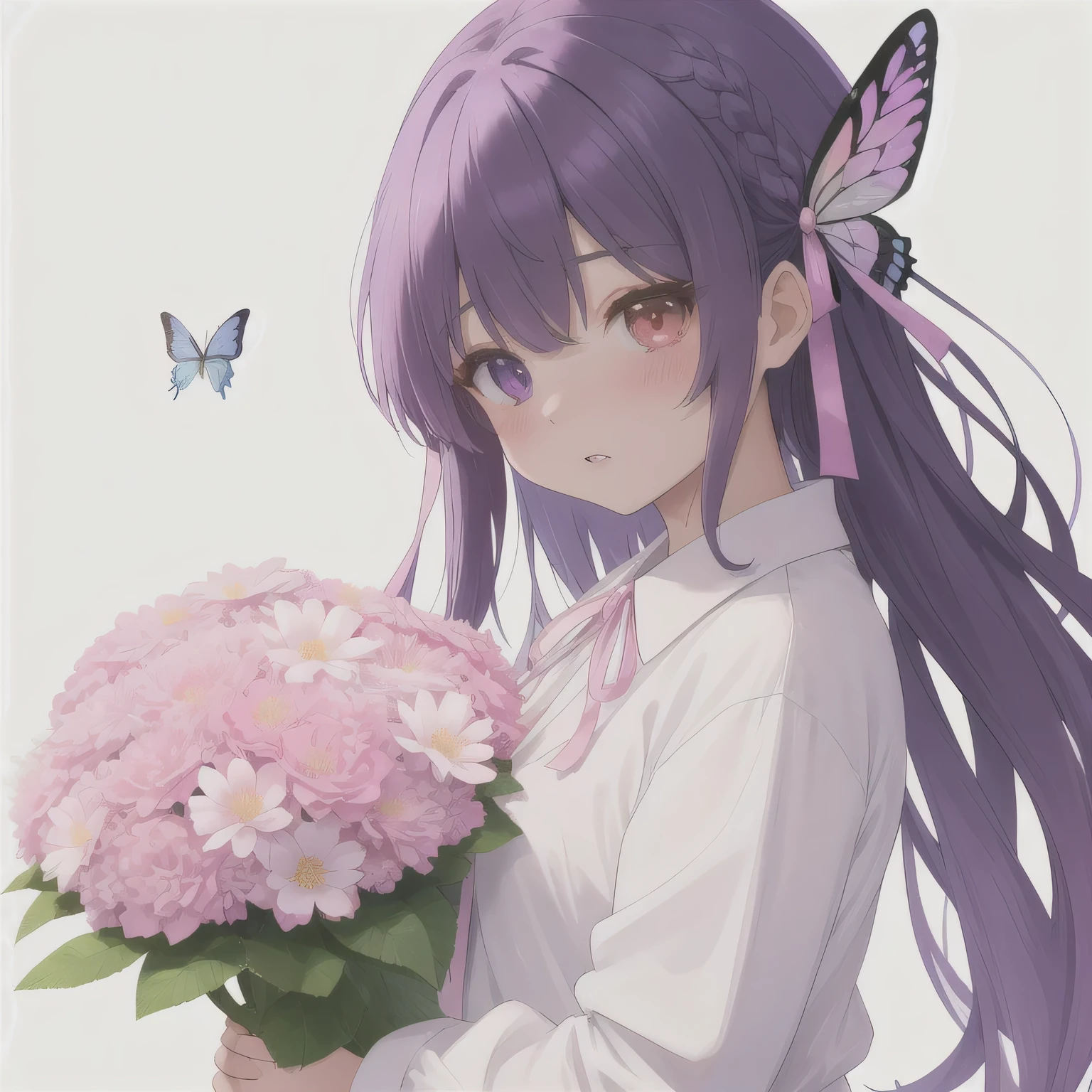 taya, 1girl, matou sakura, bug, butterfly, purple hair, solo, flower, black eyes, long hair, ribbon, hair ribbon, looking at viewer, blue butterfly, holding, white background, bangs, heterochromia, blush, upper body, hair between eyes, shirt,  pink purple and white bouquet, holding flower, parted lips, white shirt, pink ribbon, simple background, masterpiece, best quality, 