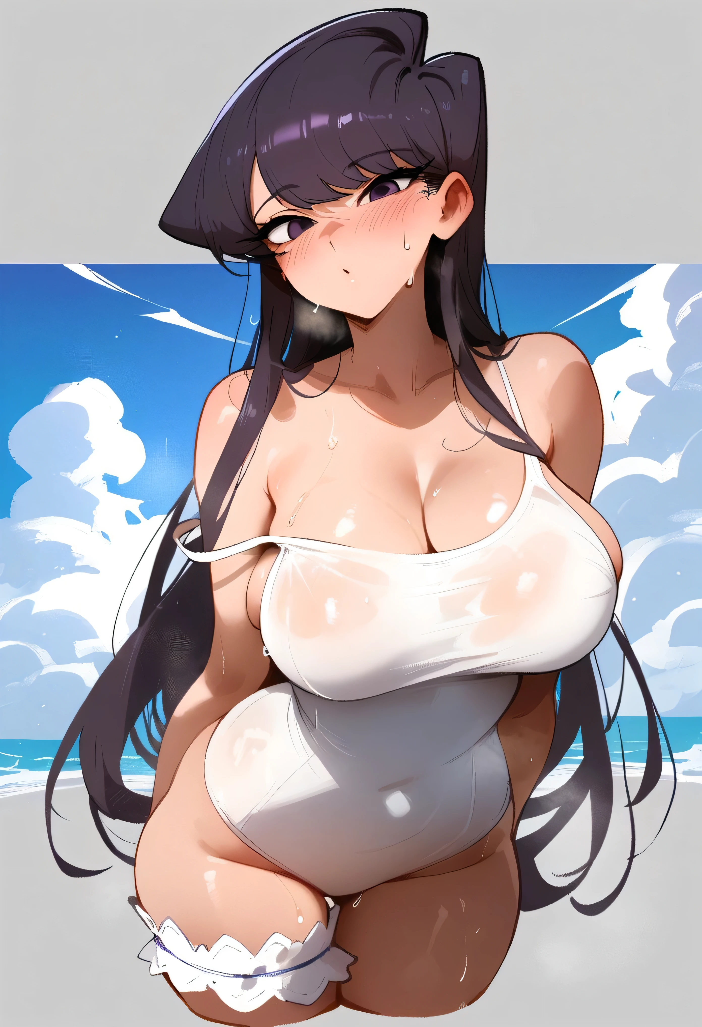 (1girl, solo:1.5) bangs, sidelocks, black hair, long hair, black hairband, perfect shiny hair, blue eyes, ultra-detailed eyes, iridescent shiny eyes,, ,nsfw , large breasts, nipple, Walking, , , ショッピングモール, , 　frozen, wet, ,, Naked, Blind ,Temptation ,　Blank look,