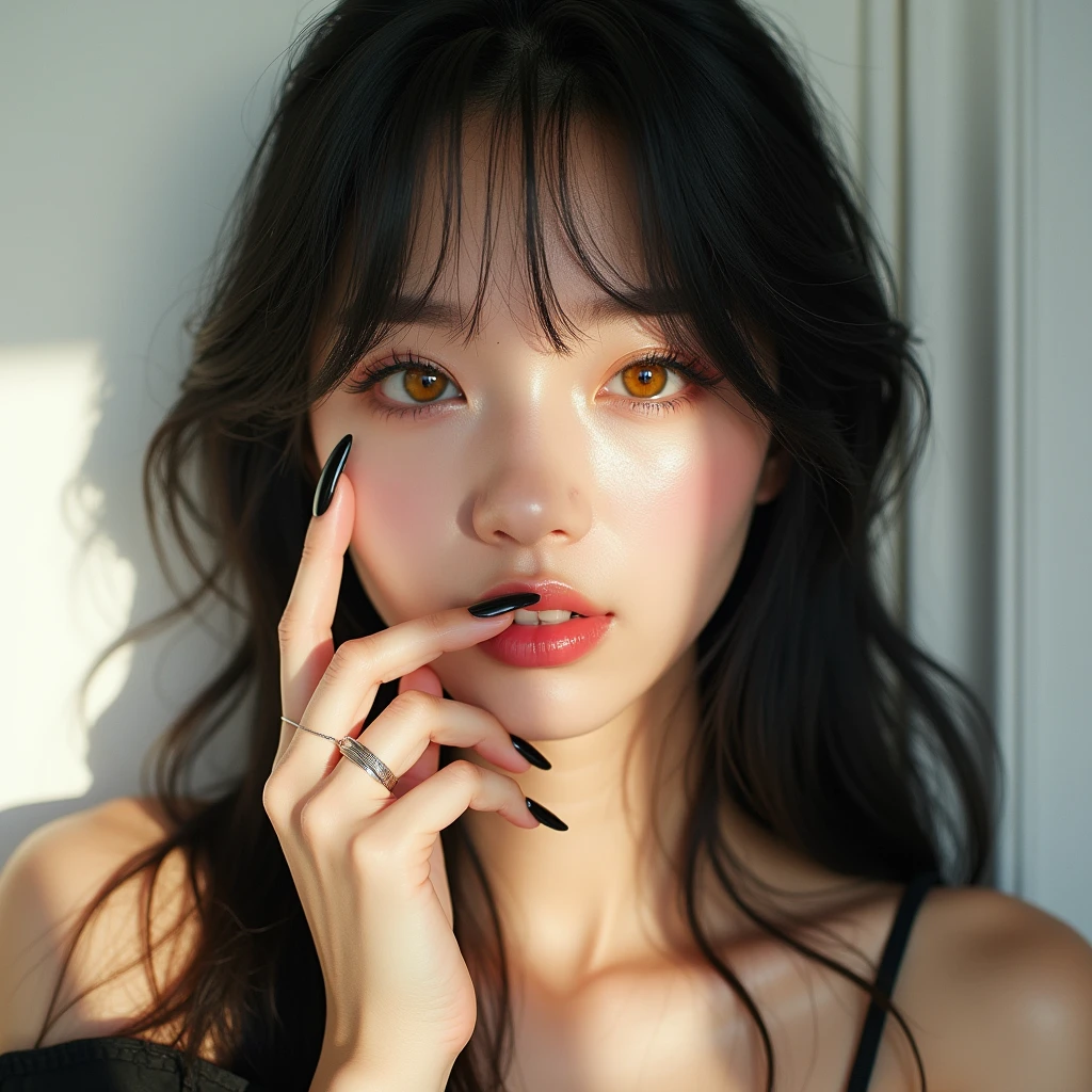Black-haired, blue-eyed girl dressed in a black top and a caramel-skinned denim chort eating human excrement