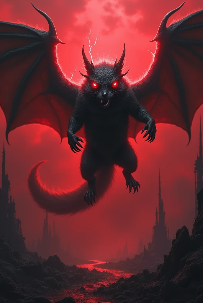 macabre animal, with flaming eyes, (reddish black background), bloody wings