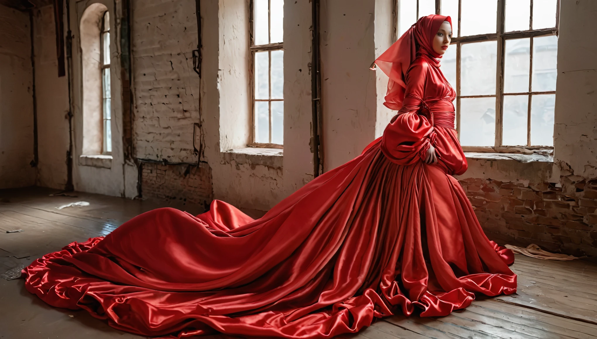 A woman shrouded in a 10-meter-long, plush red satin cloth, ballon sleeves,tight clothing from the waist to the thighs, tightly bound and grandly draping along the form of her body, flowing off into a pooled floor-length train, styled in a mermaid-inspired outfit, her head modestly veiled in a satin hijab, 185 height woman, walk in old broken building, a full-body pose conveying a sense of elegance, captured in a 4k resolution, ultra-realistic