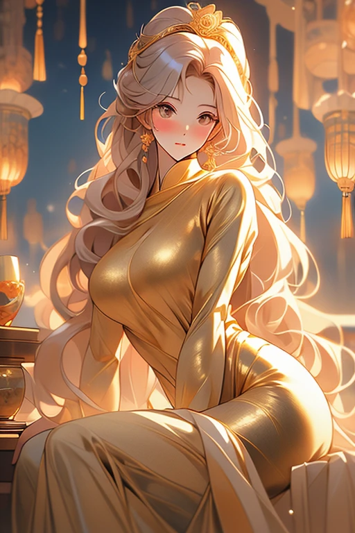 （Enrich the picture，Masterpiece level quality）Beautiful 8K CG artwork，Goddess-like posture，sittinng on the river，Postural exercises，Slim and soft，Translucent skin，Gold dust hair、The beauty of extra-long hair, Super Long Straight Hair，The skin is fair and juicy，Big breasts underwear uniform，Perspective Part 1.2x enhanced silhouette effect，Exquisite transparent blues pattern in pajamas，The details are intricate and exquisite，The background is slightly blurred，Charming and lustful leg seduction，Drool，K cup big breasts，Blush，Japan goddess，Perfect body slim curves，Scene by the sea，