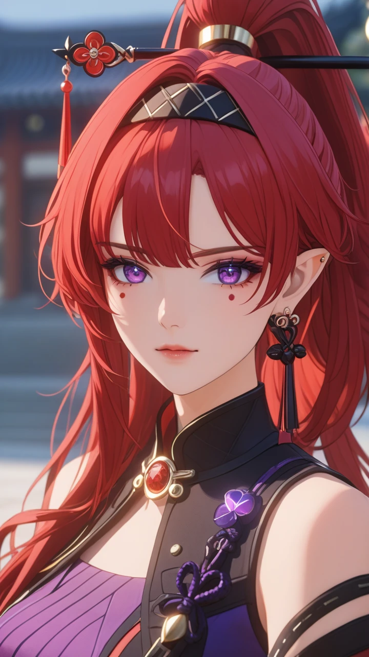 1girl,bangs,jewelry,ponytail,hairband,earrings,red hair,purple eyes,hair ornament,pointy ears,long hair,hair stick,facial mark,solo,mole,