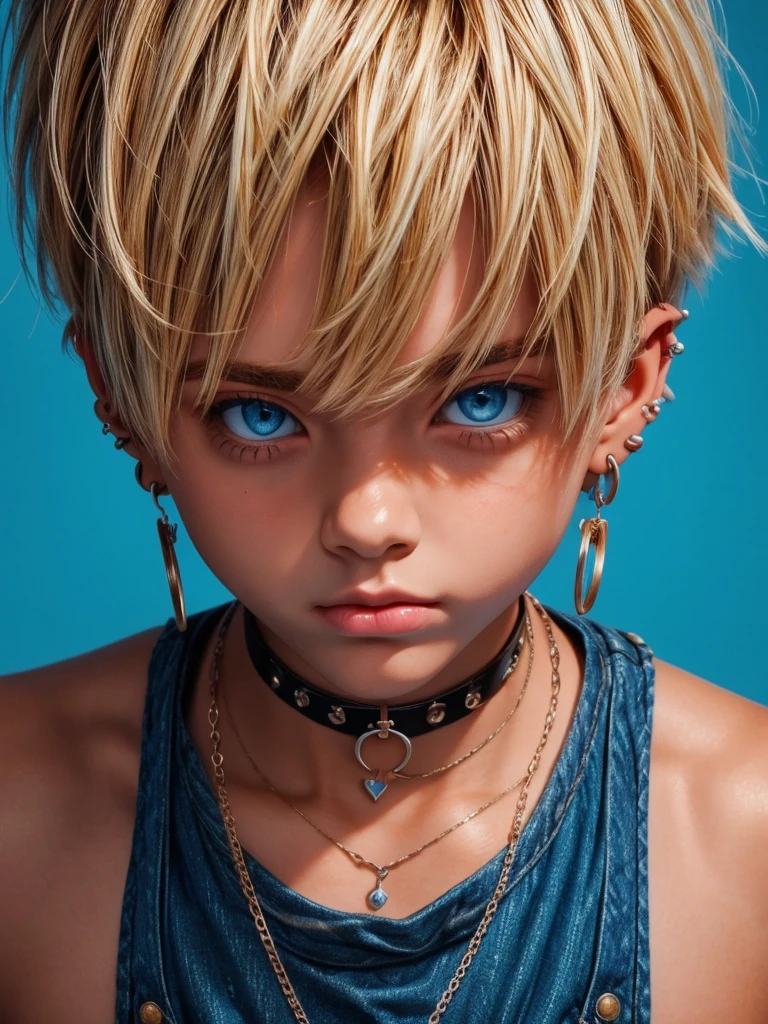 (best quality), 1boy, male, femboy, tanned skin, blonde hair, medium hair, side bangs, beautiful hairstyle, blue eyes, perfect eyes, cute face, choker, tank top, jeans, earrings, pout, boyish, masterpiece, anatomically correct, highres
