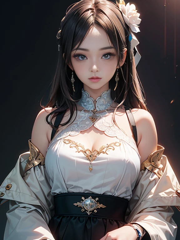 (Best Quality), ((Masterpiece), (Detail: 1.4), 3D, A Beautiful Cyberpunk Woman, HDR (High Dynamic Range), Ray Tracing, NVIDIA RTX, Super-Resolution, Unreal 5, Subsurface Scattering, PBR Textures, Post-Processing, Anisotropic Filtering, Depth of Field, Maximum Sharpness and Clarity, Multi-layer Textures, Albedo and Highlight Maps, Surface Shading, Accurate simulation of light-material interactions, perfect proportion, Octane Render, two-color light, large aperture, low ISO, white balance, rule of thirds, 8K RAW, (RAW photo, best quality), (realistic, photo-realistic:1.3), best quality, highly detailed, masterpiece, ultra-detailed, illustration, 1girl, upper_body, dynamic angle, world mastery theater, messy_long_hair,best quality, extremely detailed CG unity 8k wallpaper, ink, amazing, cinematic lighting, lens_flare, dunhuang_ style