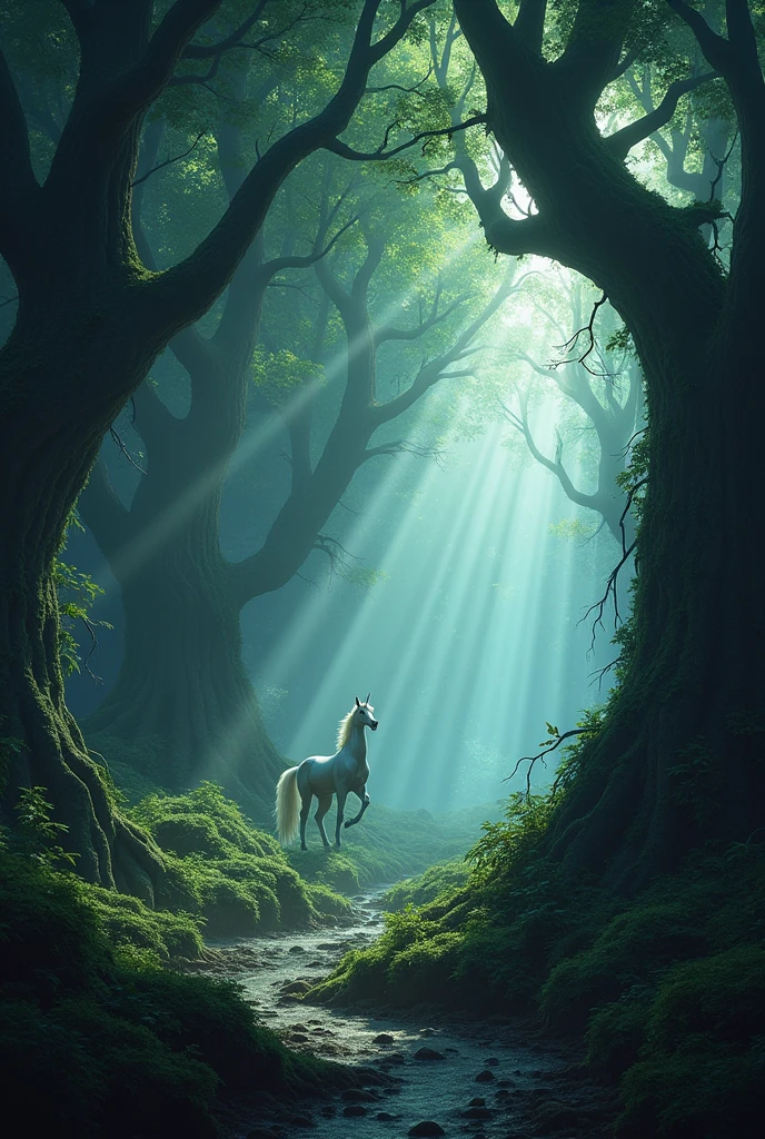 a fantasy forest where unicorns and dragons live