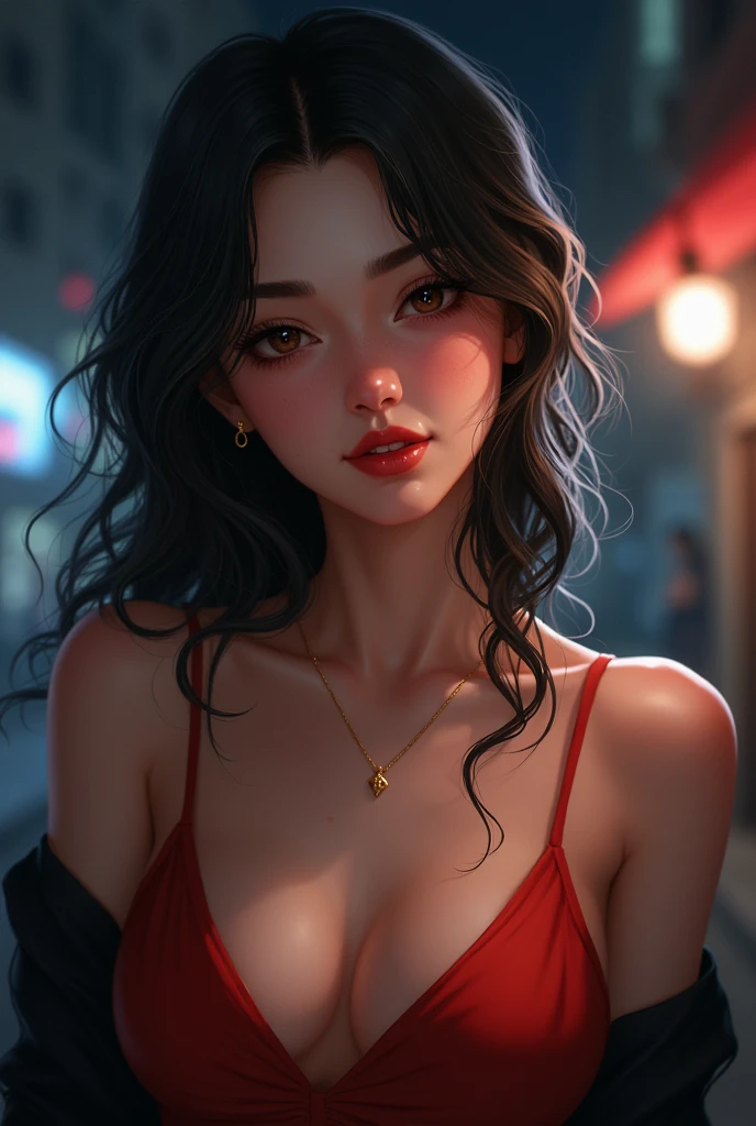 cute young woman, extr long black hair, Brown eyes, empress,Pleated skirt dress,Street Lighting,Neon,Bustling street background,(navel:1.1,princess eyes), upper class, Royal style family, High Quality, masterpiece, high-detail