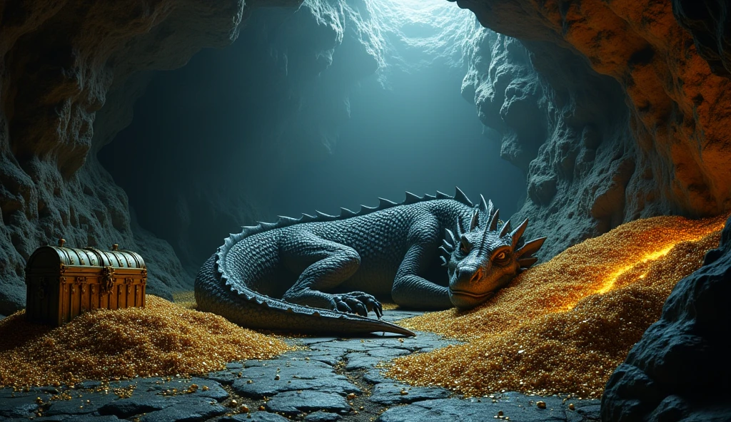 A magnificent cavern in the darkness。Among them are、A giant dragon emitting blue light is sleeping.、There are piles of golden treasures around it.。Ancient runes shine on the cave walls.、It glows faintly with the dragon's breathing.。Moonlight shines through the cave entrance.、A mysterious view unfolds。