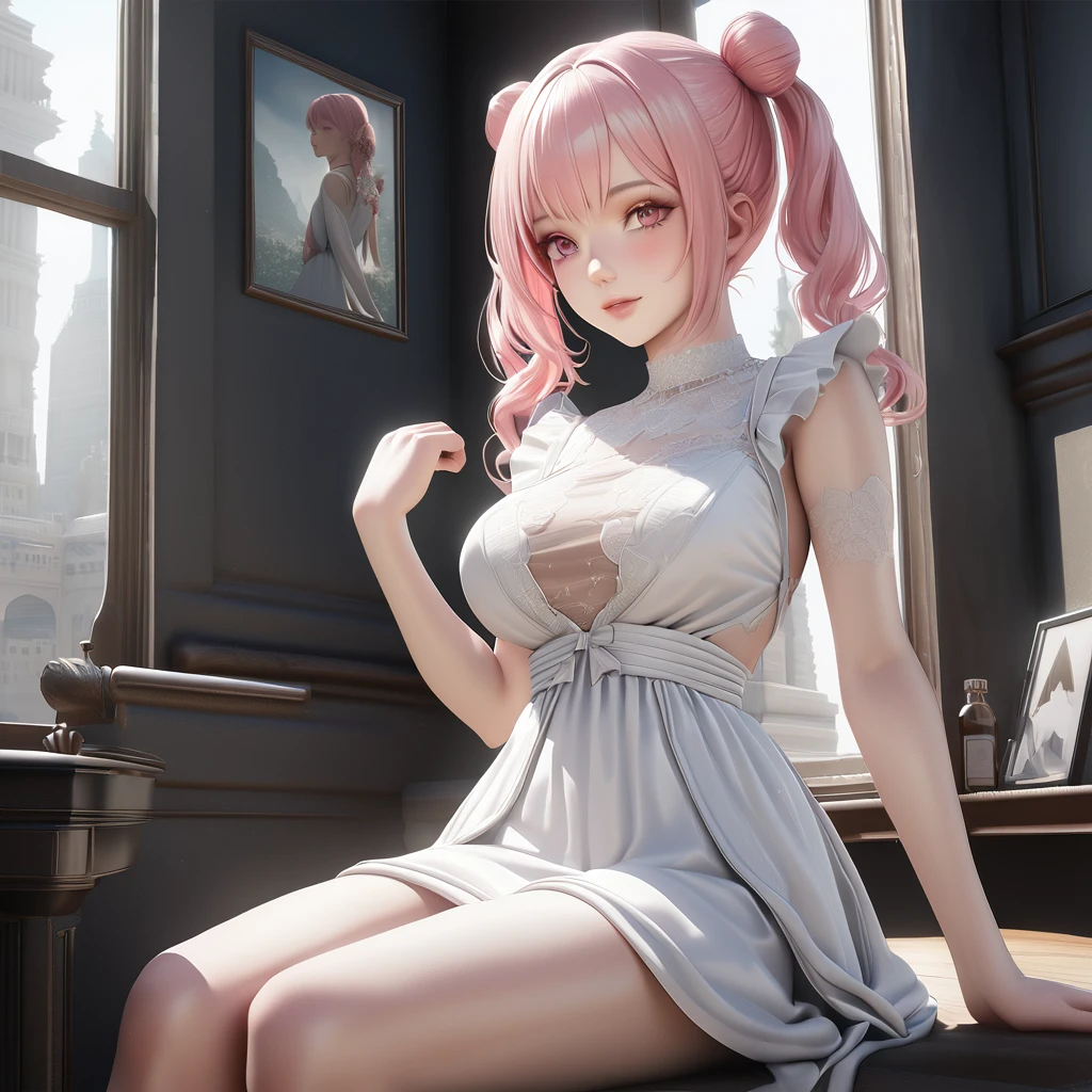 breathtaking beautiful woman wearing a highlighter pink (tutu skirt), coy smile, looking at viewer,
(white hair Fringe),
off-the-shoulder sweater,
tilt shot,
(science laboratory),
lifting one leg in a playful manner,
anxious, . award-winning, professional, highly detailed