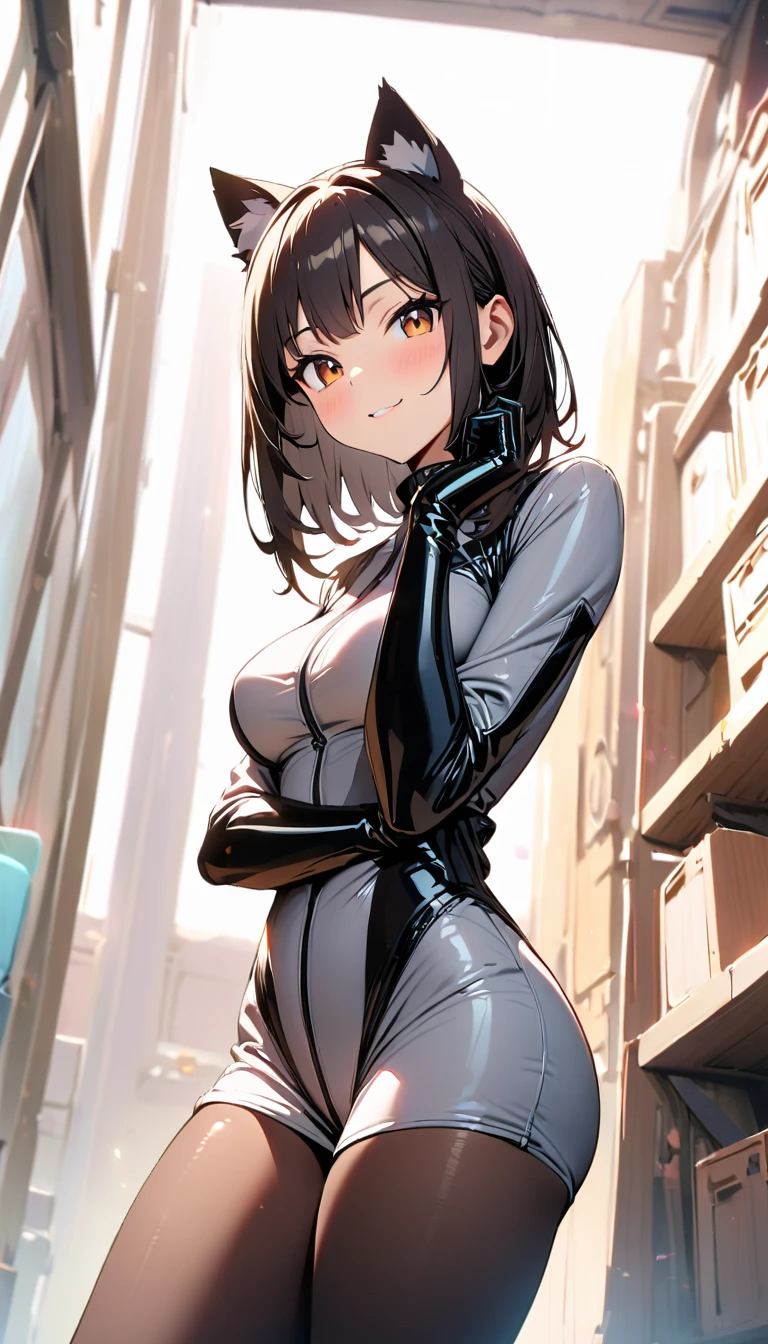 NSFW、camel toe:1.4、(Sweat)、(vapor)、(((long gloves:1.3)))、brown loafers、black calf length socks、Open your thighs wide to the left and right、squat on the ground、show off your crotch to the viewer, ((latex old school swimwear:1.3、High leg, spread your legs:1.3, arm behind head ))、、absurd、short hair、flat lighting、elevation angle、sexy pose、highest quality、Complex、surreal、perspective, very detailed, detailed background, shape、1 girl、alone、small breasts、light smile, embarrassing, blush, Poolside, (Sweat),