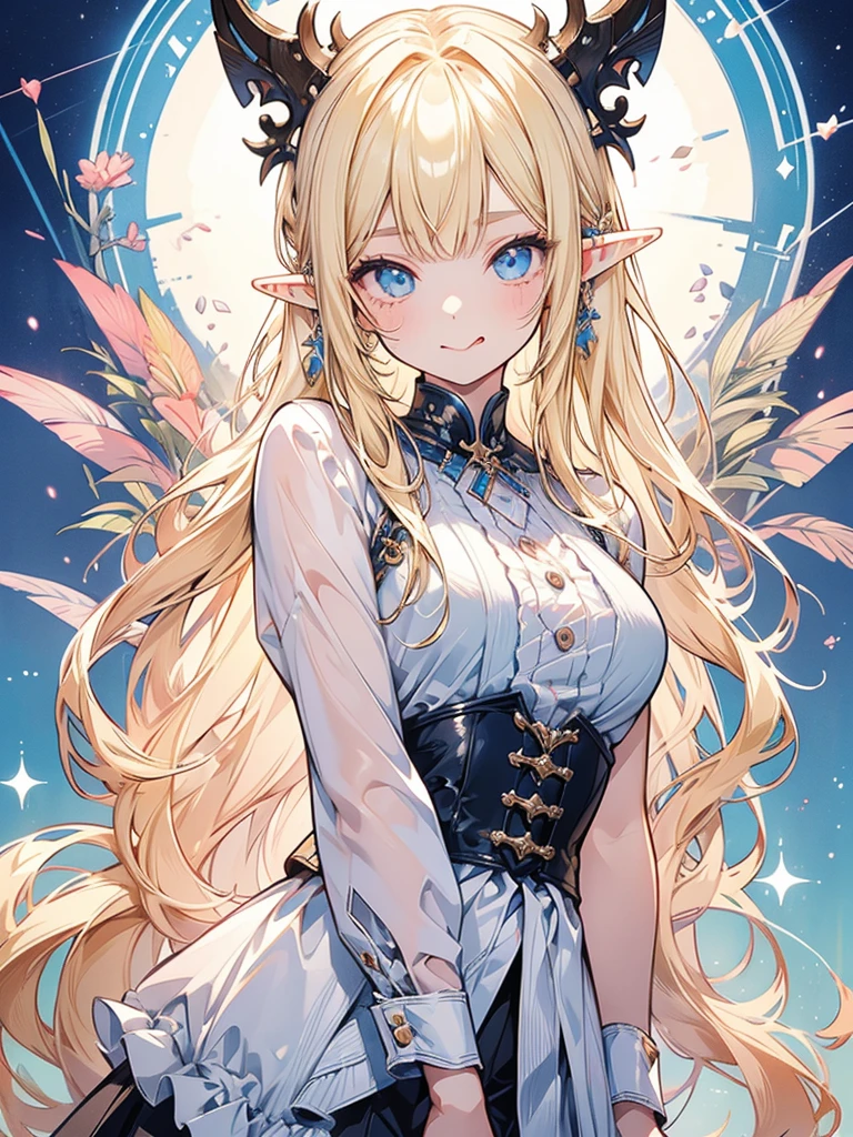 masterpiece, best quality, 1girl, ultra detailed, ultra highres, well-definded facial features, anatomically correct, cute girl, long pointy ears, elf, nice face,blonde hair, blue eyes, tongue out, V-sign