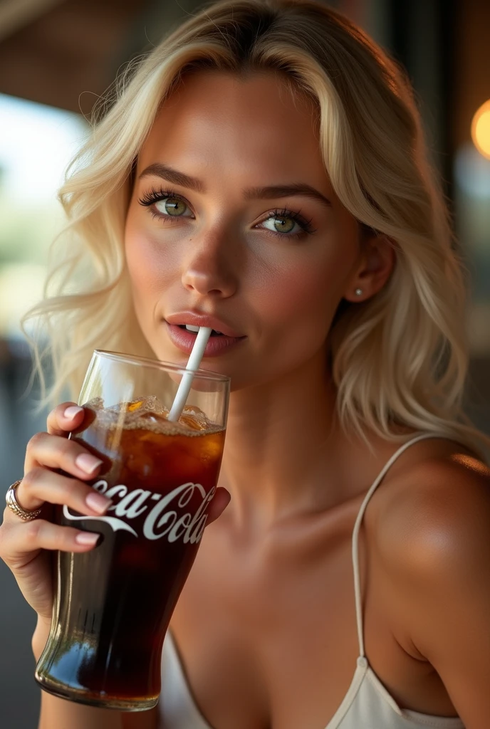Beautiful girl modern fashion drink Coca-Cola, Film Style,8K resolution, Soft lighting,Super detail in skin and hair texture, Eye,nose, Realistic mouth details,Blonde Hair