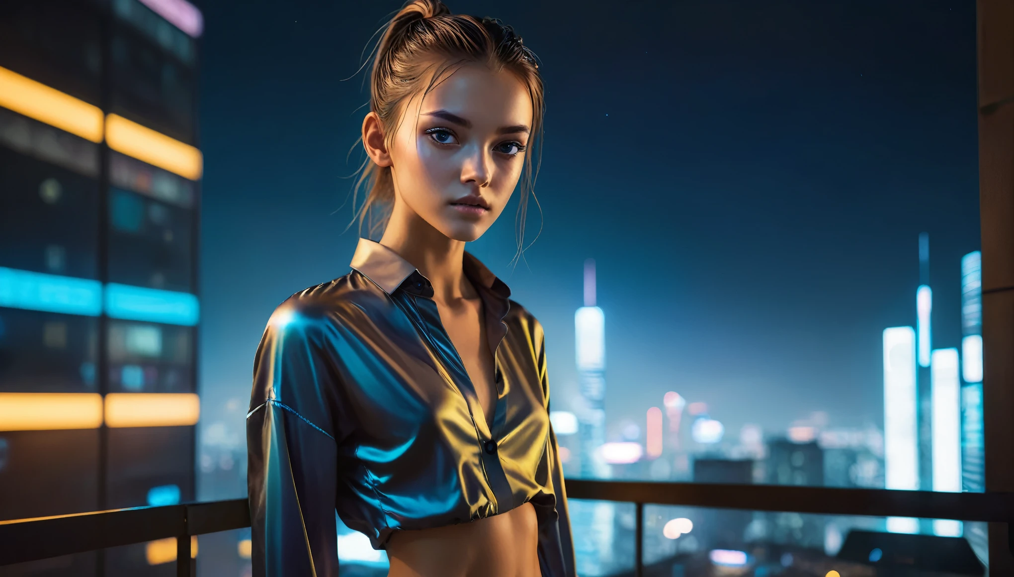 Top Quality, Masterpiece, High Resolution, 8k, (((cute skinny barely legal girl in oversized silky blouse and wetlook leggings, bare belly, wide neckline, deep neckline, small perky breasts, beautiful detailed eyes, beautiful detailed lips, small closed mouth, extremely detailed face, long slick ponytail hair, small hips))), cyberpunk apartment, moody atmosphere, dramatic and neon colors, futuristic setting, intricate details, at night, full body shot, view from distance 