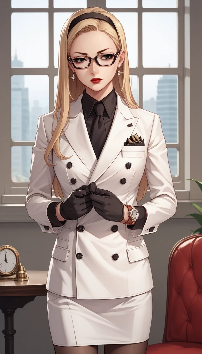 score_9, score_8_up, score_7_up, score_6_up, source_anime, double-breasted suits, 1girl, solo, blonde hair, long hair, swept back hair, hairband, glasses, formal, jewelry, suit, black silk necktie, earrings, jacket, shirt, standing, fixing shirt cuffs, window, black eyes, watch, white jacket, wristwatch, black satin shirt, red lips, white skirt, makeup, black gloves, pantyhose, cufflinks