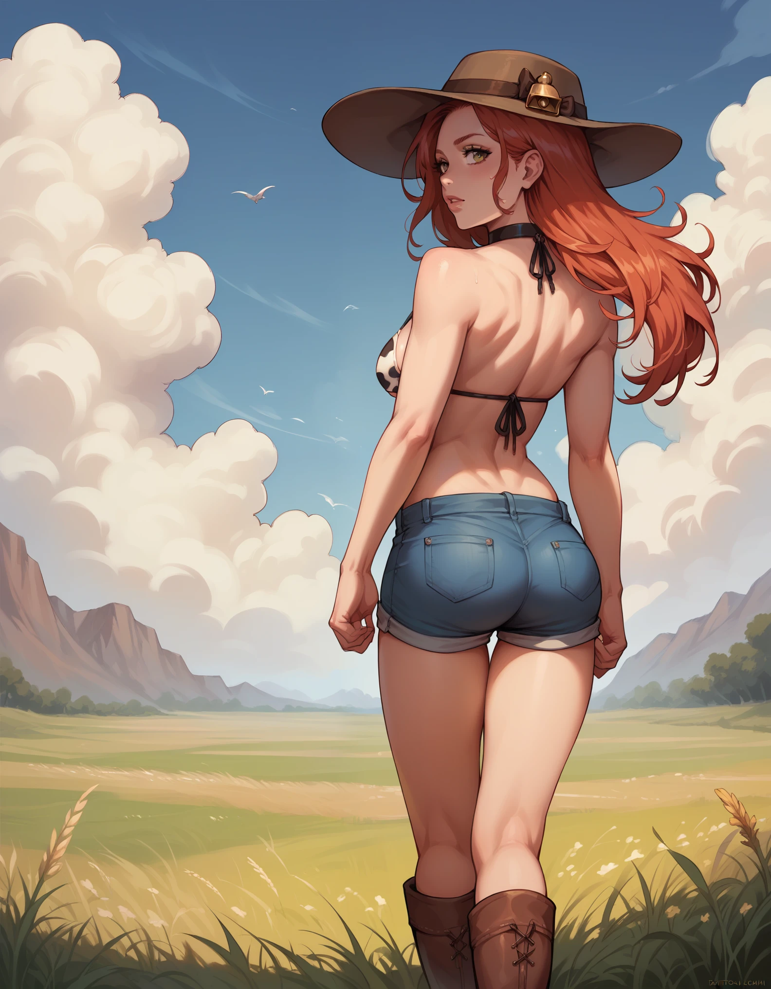 (1 girl, solo, (standing from behind)) (girl is wearing a bikini, hat, boots, shorts, (she is wearing a cow bell choker):1.1, ( redhead long hair),  detailed olive eyes ), (field), (detail):1.1