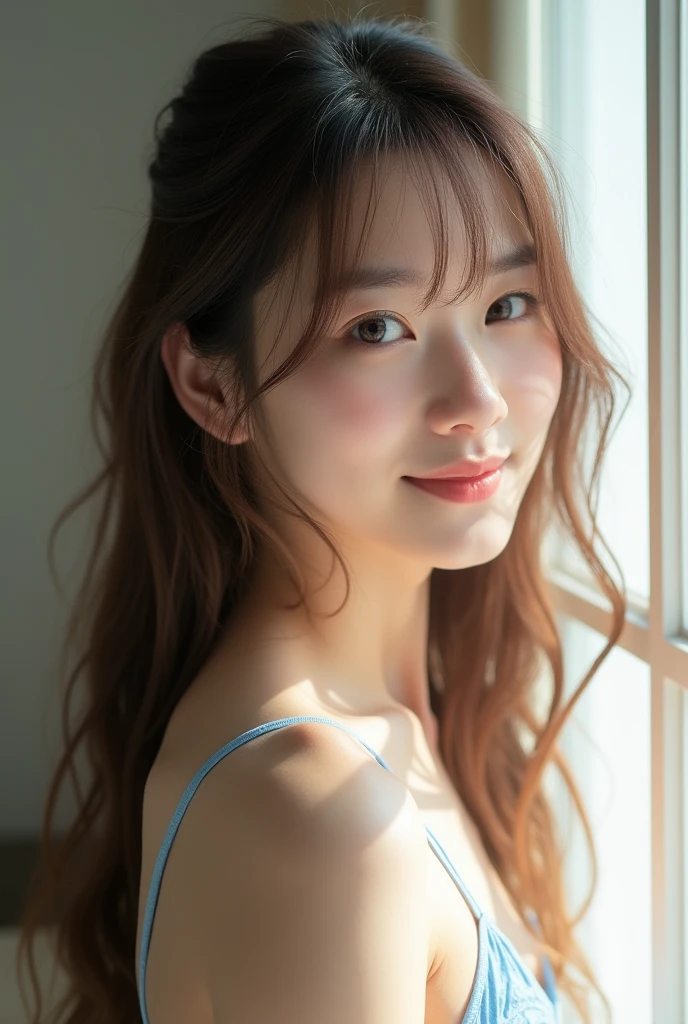 ((best quality, 8K, RAW photos, masterpiece :1.3)), (Practical、Practical:1.37)、Very detailed、Ultra-high resolution, (Professional lighting), ((From below:1.2)),((Full body image)),Solitary, 1 female, Solitary, (18 years old), Japanese, Beautiful and delicate face, Shining eyes, Brown eyes,Small Breasts､ Small Breasts:1.3,(Nogizaka-style beautiful girl) , Delicate and beautiful skin, Texture, Blue Kitchen, 
(Healthy smile),Transparent underwear