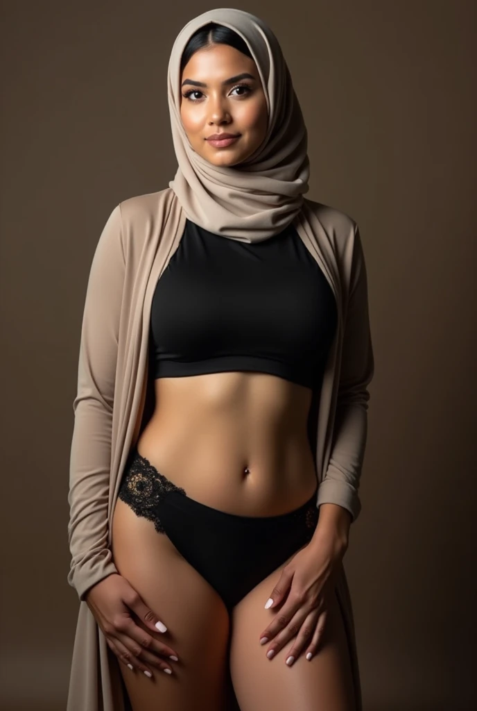 RAW photo,dark,moody,35mm focal lenght,underexposed,cold,candid photograph,artistic perspective,full body,photo of a beautiful,influencer,30yo Kurdish woman,black hijab, detailed skin,naked, looking away from viewer, thick body structure,grey background,no background, candid pose,dim room,blue light, film grain, kodak color, instagram LUT