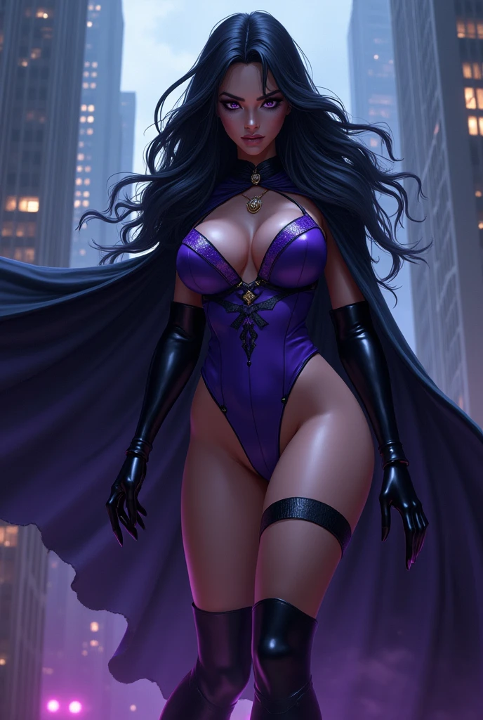 (masterpiece, best quality, perfect face, beautiful and aesthetic:1.2, dynamic angle, highest detailed face), (beautiful female dark elf witch, long messy hair, (black hair:1.3), purple eyes, (huge breasts), narrow waist, perfect fit body), shapely butt, thick tights, (flawless chocolate skin:1.4, dark skin:1.3), perfect fit body, (inside dark desolated cave), (dark purple theme:1.2), glowing, (purple aura:1.2), (purple energy), floating hair, telekinesis, purple energy magic swirling around), (extremely detailed eyes), detailed skin, skin pores, ((very revealing black robes)), enchanting gaze, full body portrait, cinematic lighting, darkness, dark scene, (dim light), mute lighting, dimly lit, looking at viewer, seductive pose:1.4, full shot, (solo:1.4), (high quality, CG, 4k, extremely detailed, hyper realism, dramatic light, sharp, HDR)