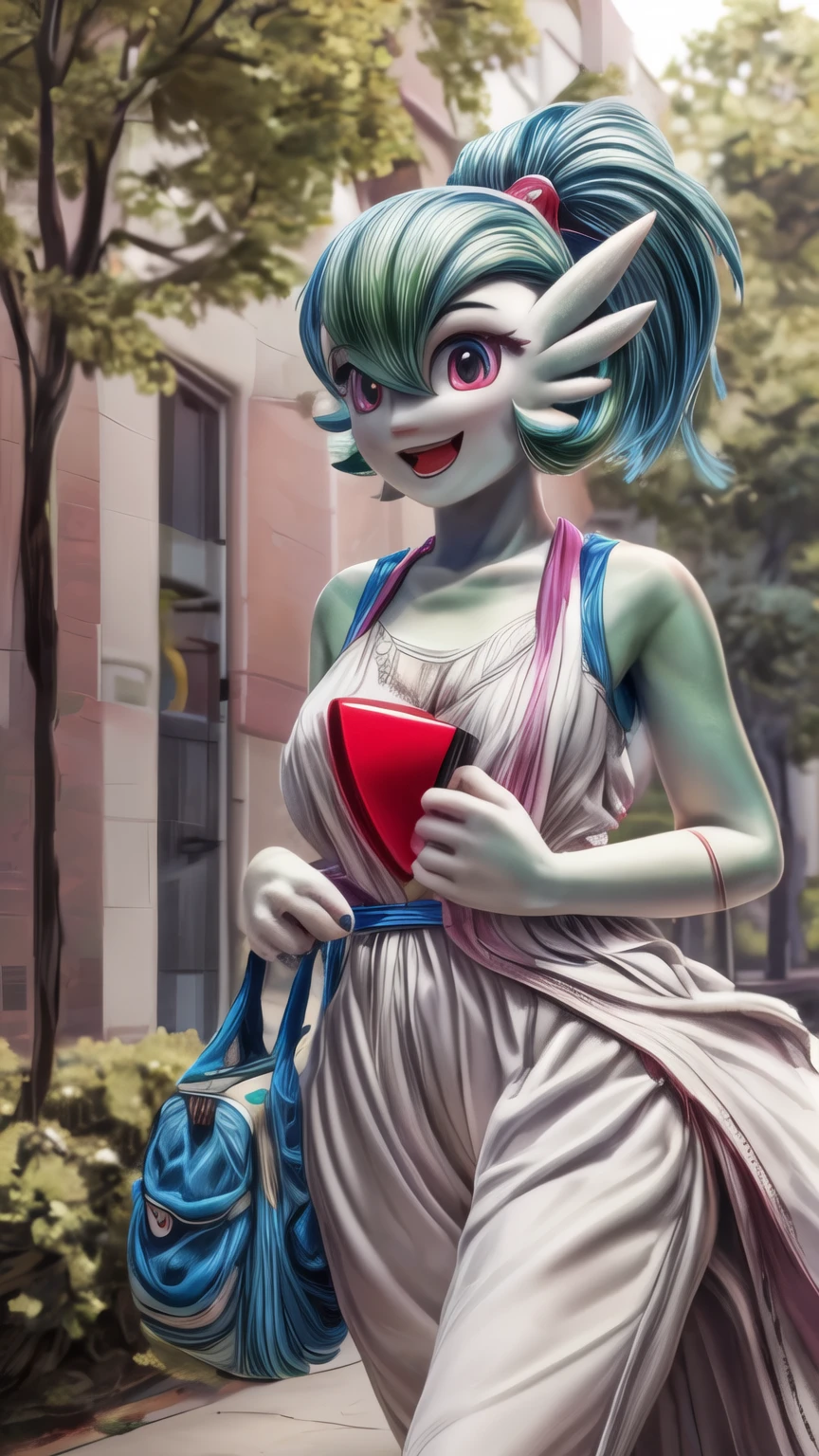 (best quality,4k,8k,highres,masterpiece:1.2),ultra-detailed, Gardevoir as a College Girl walking around college campus, strutting her stuff, Smiling and laughing, Flirting with the viewer, Pokémon, Pokémon (game), game freak, nintendo, (porcelain skin), blue eyes, (hair green), (messy hair in a ponytail), Pokeball purse, HDR, 8k, absurdres, cinestill 800, sharp focus, add_detail:3 (solo woman) Tenchan
