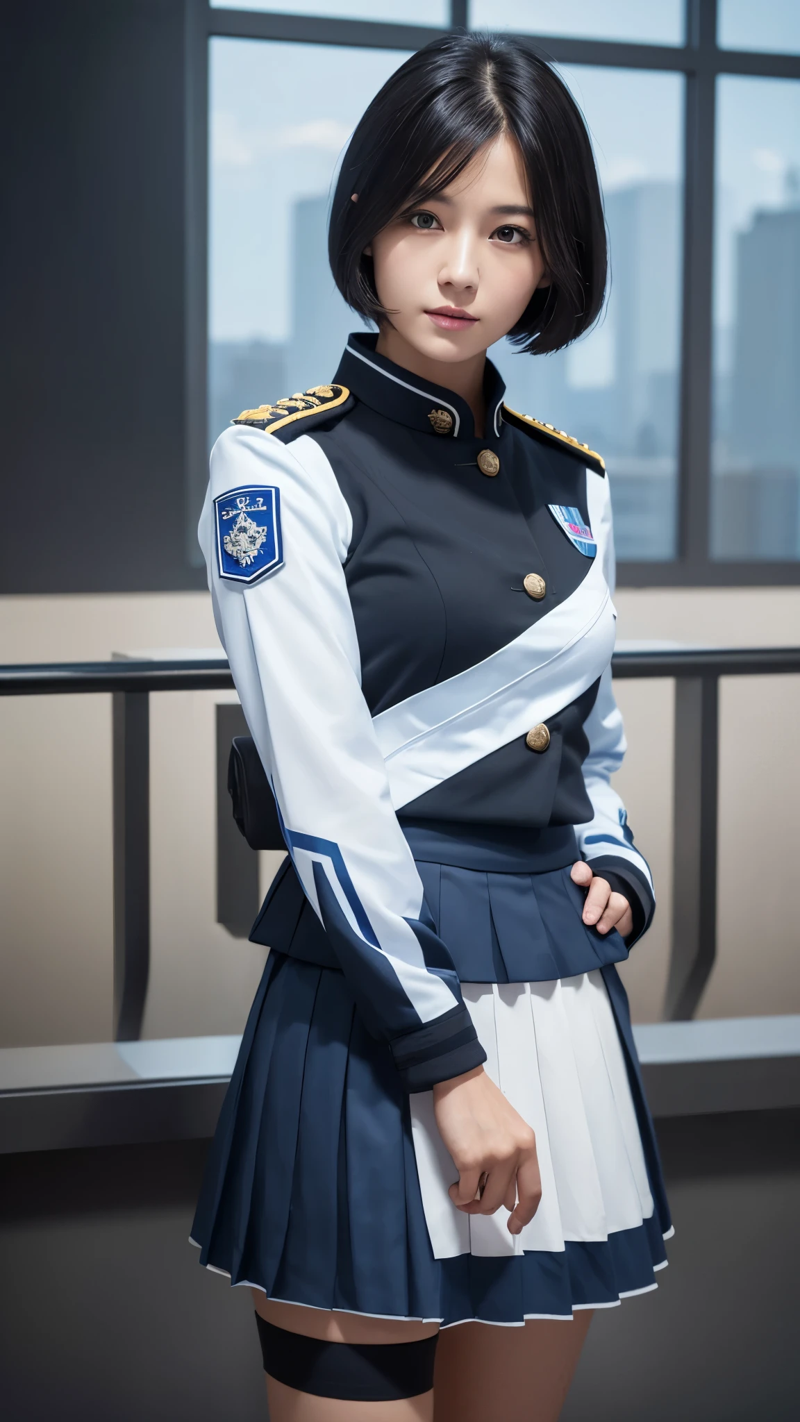 Una mujer linda en uniforme corto, (Obra maestra, La mejor calidad:1.2), ultra-high-resolution, (fotorrealista:1.4), Piel detallada, cinematic lighting, amistoso, inteligente, conversation engaging, feliz, amable, energetic, alegre, creativo, con ojos brillantes y una sonrisa contagiosa