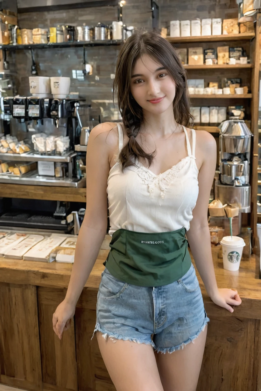 hyper realistic, 1girl, very cute, sweet, adorable, thin, petite, innocent, starbucks barista, starbucks barista uniform, green apron over a tiny white tank top, denim shorts, exposed arms, posing in a coffee shop, shy, subtle smirk, closed mouth, full body, bright picture, cute girl, hazel eyes, (brown hair), girl next door look, flirting, sexy, highly detailed, epic, (straight hair:1.7), gorgeous, film, Ultra High Resolution, wallpaper, 8K,Rich texture details, hyper detailed, detailed eyes, detailed background, dramatic angle, epic composition, SimplepositiveXLv1 dynamic lighting, award winning photo, long hair, single side braid, freckles