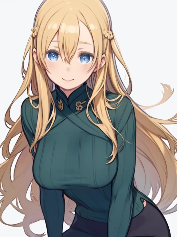 One Girl、Blonde Hair、Hair between the eyes、long hair、Braid、Blue Eyes、Big Breasts、Turtleneck sweater、Green clothes、Pencil Skirt、Smiling、Upper Body、(From the thigh up)、Simple brown background、(Touching the cheek with one hand、Accurate hand drawing)、