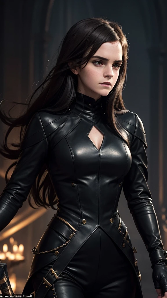 Create a Emma Watson character inspired by the image. This character is a dark, enigmatic figure, embodying a blend of elegance and danger. Dressed in a sleek, black, leather outfit adorned with intricate golden buckles and accessories, she exudes a commanding presence. His expression is cold and detached, with sharp, striking features and dark hair falling messily over his face. She holds a slender whip in his gloved hand, hinting at a dominant and possibly sinister nature. The background should be shadowy and minimalistic, emphasizing the character's aura of mystery and control. Long hair, big breasts