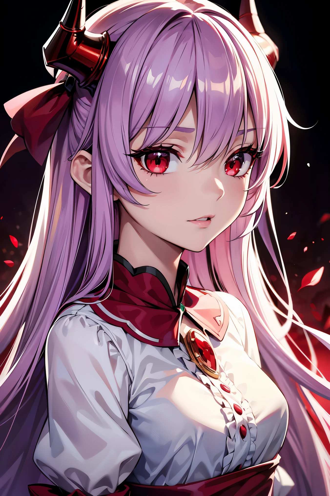 remilia scarlet, girl, red eyes, long hair, demon horns, short sleeve dress, young body, blood on body, high quality, 8k, best quality, 4k, ultra-detailed, realistic, photorealistic, vivid colors, sharp focus, professional, masterpiece, extremely detailed eyes and face, beautiful detailed eyes, beautiful detailed lips, long eyelashes, concept art