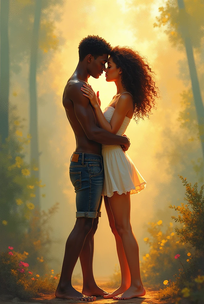Drawing of a muscular Korean man with a light-skinned black woman with curly hair in a field with flowers near a lake