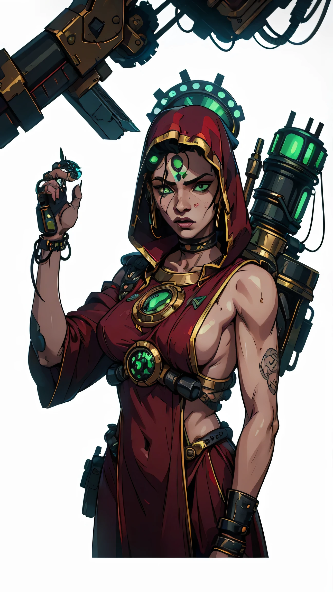 photo of Exquisite vishnu as techno-cultist, washed up red flowing modest ornate hooded techno-priestess dress (made from black circuit board:1.1), (face-covered:1.2) techno-cultist mask, (multiple) arms, (mechanical tentacle arm:1.1) with claws,, mechanical (green:1.1) eyes, half skull half cog, rust, dirty red (robes:1.2) with oil stains, asymmetrical, mechanical (spider legs:1.1), (respirator:1.1), massive (backpak:1.2) with arms, gothic , (intricate details:1.12), hdr, (intricate details, hyperdetailed:1.1), by alena aenami, by rutkowski, (intricate details), (hyperdetailed), 8k hdr, high detailed, lot of details, high quality, soft cinematic light, factory atmosphere, atmospheric perspective, , shadows, maximum details, 4k, 8k, high quality, highly detailed, MechanicusStyleAI, ((((upper body portrait)), frontal view, plain white background, standing))