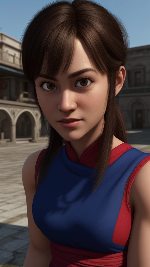 chichi, 1girl, solo, black eyes, black hair, blunt bangs, sidelocks, low ponytail,
china dress, blue dress, sleeveless, red sash, wristband, bare shoulders,
smile,closed mouth,cowboy shot,
city ,outdoor, sunny, light on face
(insanely detailed, beautiful detailed face, masterpiece, best quality) cinematic lighting, (insanely detailed, beautiful detailed face, masterpiece, best quality) cinematic lighting, (photo realistic:1.4), (hyper realistic:1.4), (realistic:1.3), (smoother lighting:1.05), (increase cinematic lighting quality:0.9), 32K