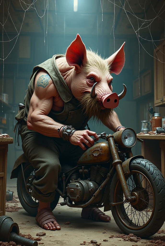 Tattooed pig sitting on a gangster motorcycle