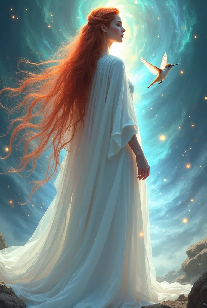 a beautiful woman with long flowing auburn hair floating in space, elegant flowing white fabric, serene space goddess, detailed face, intricate jewelry, photorealistic, 8k, high quality, dramatic lighting, cinematic, moody, ethereal