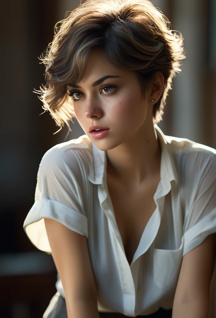 (Highly realistic photo, Natural light, Realistic, Highly detailed, Photo, Masterpiece, High quality), Girl leaning forward, Detailed latin face, Messy short hair, Thin and large shirt, Confusion, Dramatic lighting, (Masterpiece, Best quality, Highly realistic, Detailed skin:1.5),