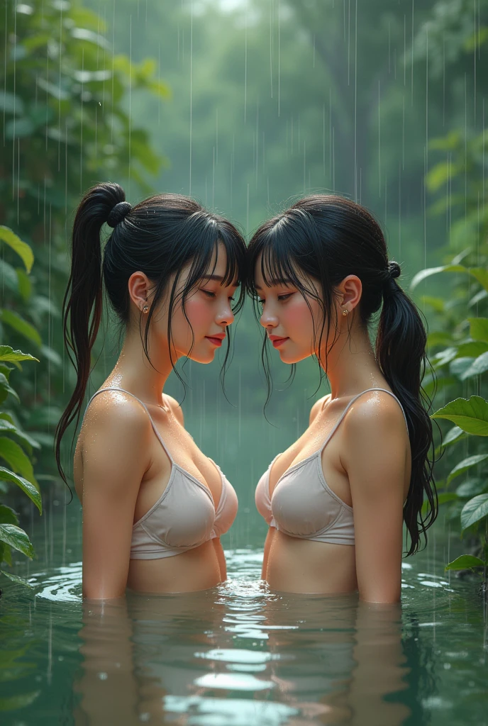 (masterpiece, RAW, 32K, UHD, hyper realistic, best quality),(two girls:0.8), yuri, kissing, light hair, athletic bodies, in a greek garden, beautiful, detailed faces, (rain:1.3), wet transparent tank top, wet skin, light smile:0.5, aroused, breasts rubbing