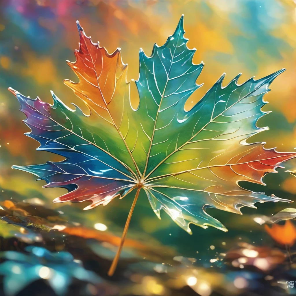 abstract geometric art. Close-up of giant crystal maple leaf, Strong light source. The intricate network of leaf veins acts like a prism, Projects mesmerizing rainbow colored light and colorful geometric shapes, flash. abstract geometric art. fantasy world background.